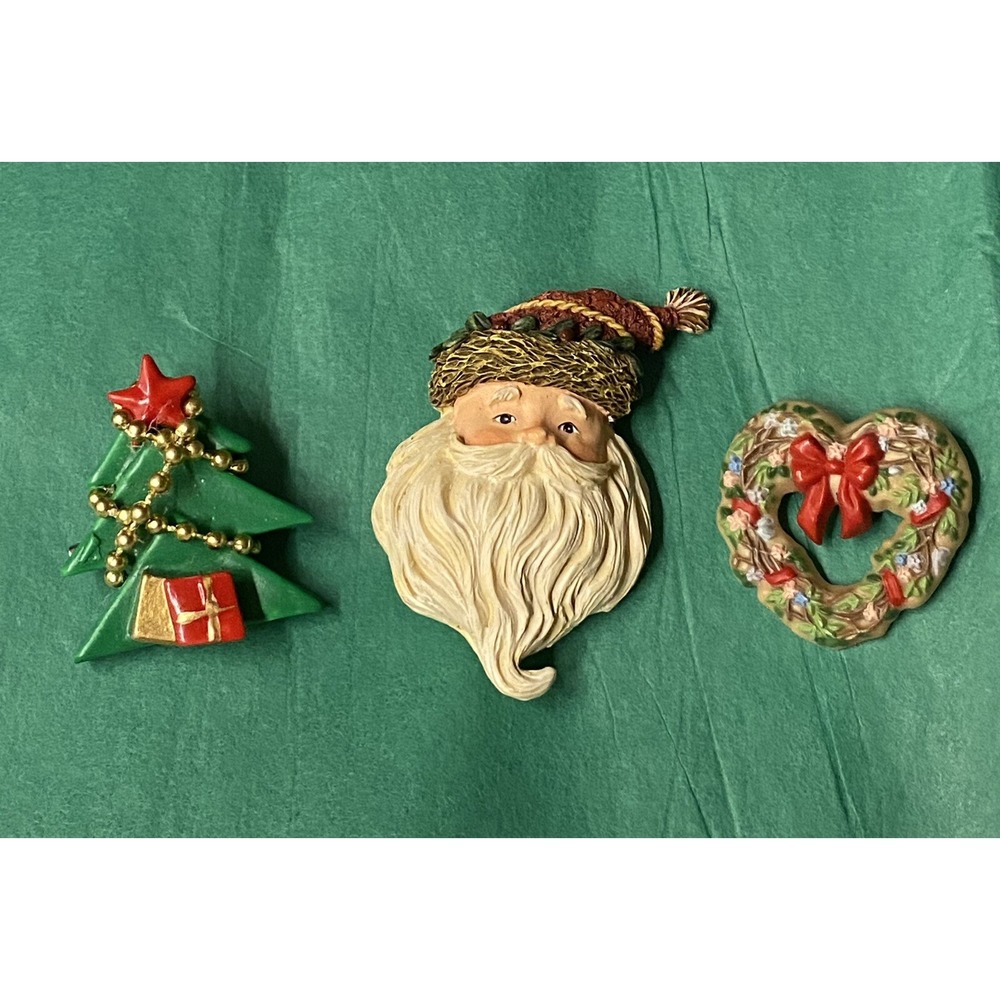 3 VNTG 1985  Christmas Holiday Brooches Santa Claus ,Tree & Ball Wreath PreOwned